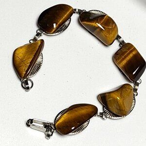 Chunky Vintage Tigers Eye Gemstone Silver Tone Costume Jewelry Chain Bracelet